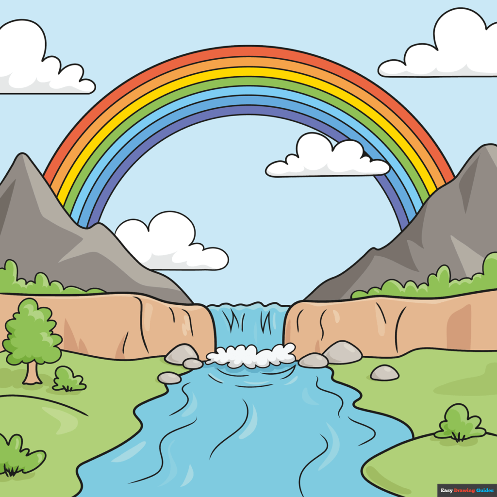 How to Draw an Easy Rainbow Scenery - Really Easy Drawing Tutorial