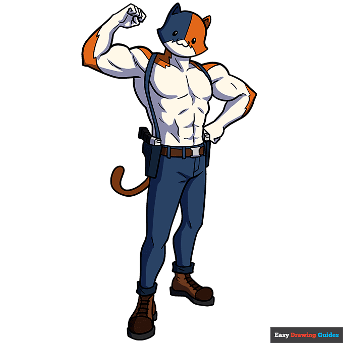 Meowscles from Fortnite step-by-step drawing tutorial: step 11