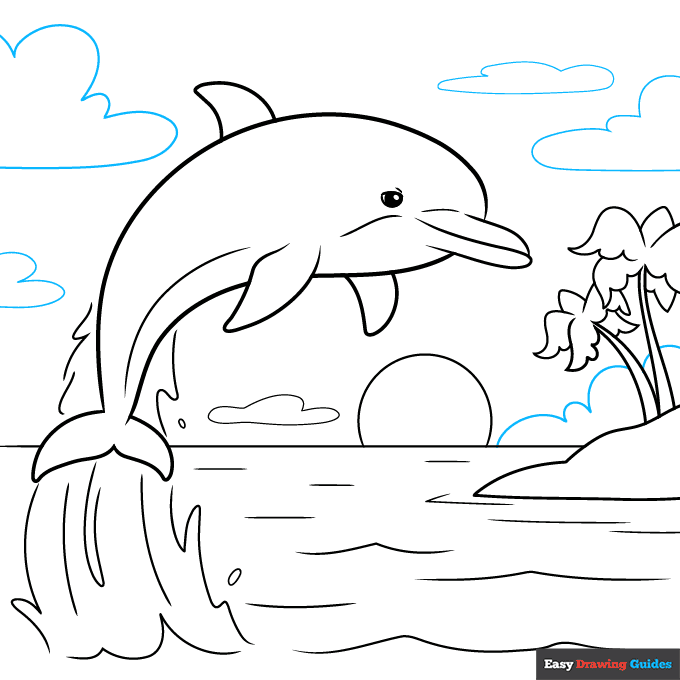 Dolphin Sunset Scenery step-by-step drawing tutorial: step 9