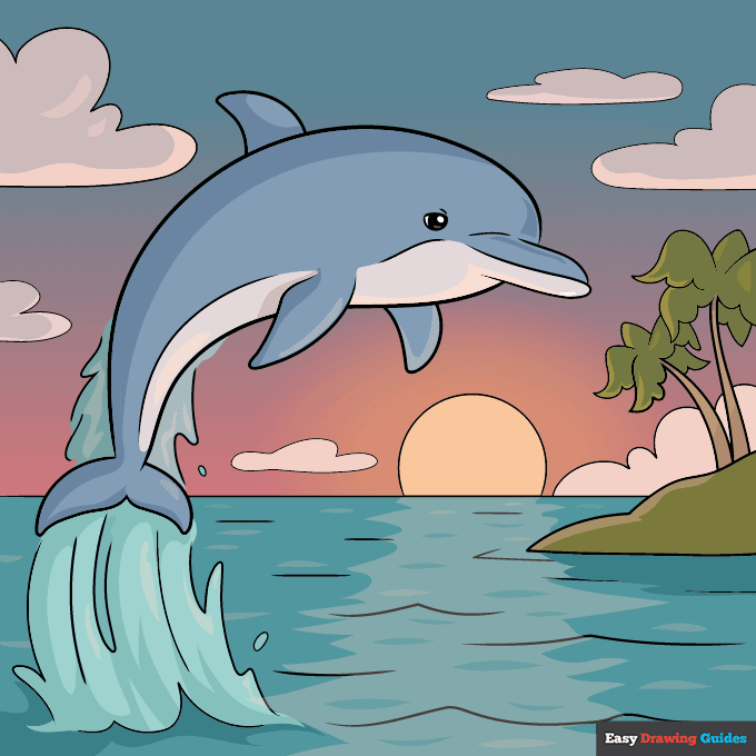 Dolphin Sunset Scenery step-by-step drawing tutorial: step 11