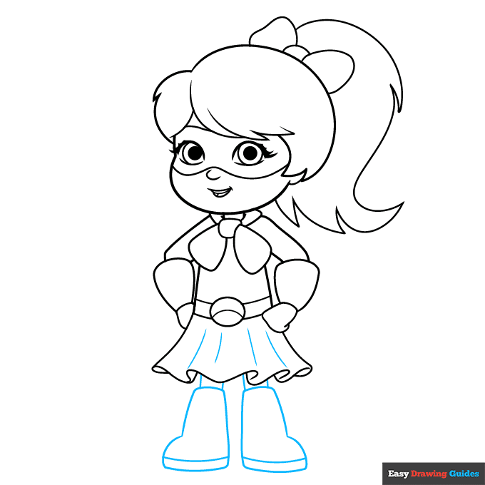 Girl Superhero step-by-step drawing tutorial: step 7