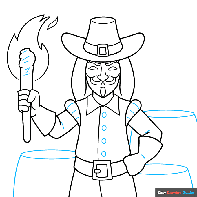 guy fawkes step-by-step drawing tutorial: step 8