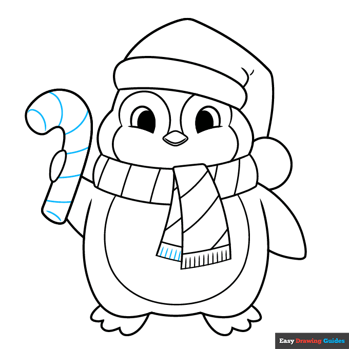 Easy Christmas Penguin step-by-step drawing tutorial: step 9