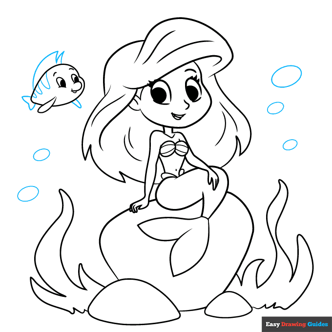 Easy Little Mermaid Ariel step-by-step drawing tutorial: step 9