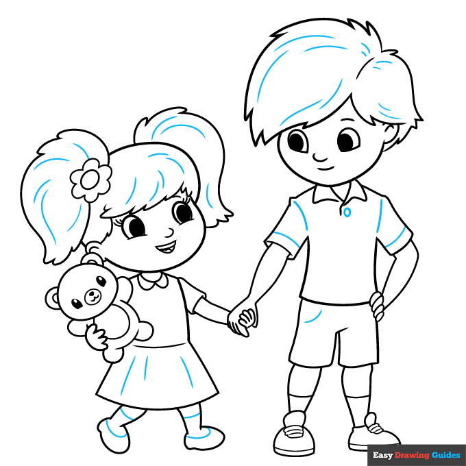Brother and Sister step-by-step drawing tutorial: step 9