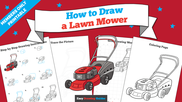 Step-by-step tutorial to draw a lawn mower with easy instructions and coloring page.